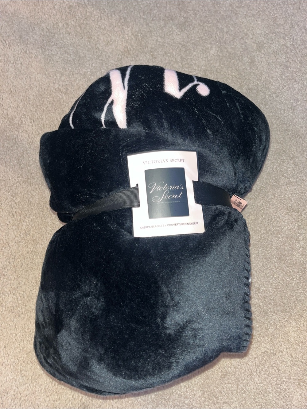 Victoria's Secret Black Plush Sherpa Throw with Pink Accents